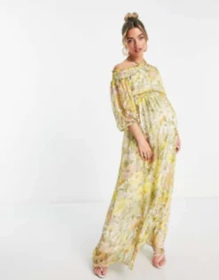 ASOS Maternity ASOS DESIGN Maternity Off Shoulder Maxi Dress With Blouson Sleeve In Self Stripe In Meadow Floral -RIVER ISLAND || PULL & BEAR || ONLY Sales Store 202234547 4