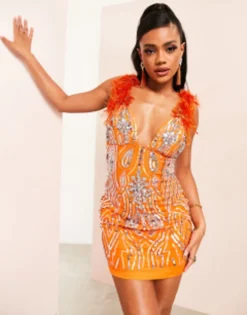 ASOS LUXE Embellished Gemstone Mini Dress With Faux Feathers In Orange -RIVER ISLAND || PULL & BEAR || ONLY Sales Store 202237668 3