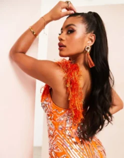 ASOS LUXE Embellished Gemstone Mini Dress With Faux Feathers In Orange -RIVER ISLAND || PULL & BEAR || ONLY Sales Store 202237668 4