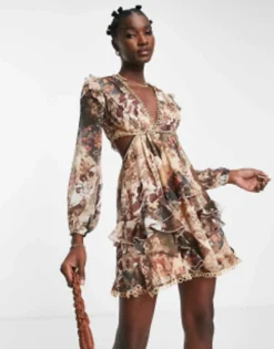 ASOS DESIGN Long Sleeve Mini Dress In Patchwork Floral Print With Circle Trims