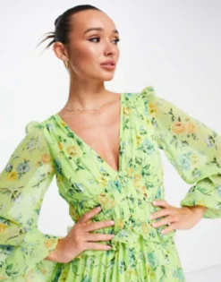 ASOS DESIGN Button Through Ruched Waist Pleated Mini Dress In Green Floral Print -RIVER ISLAND || PULL & BEAR || ONLY Sales Store 202253454 3
