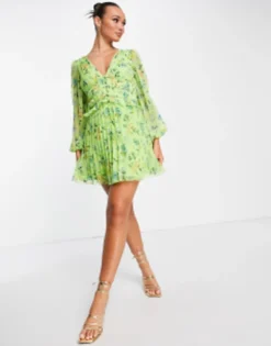 ASOS DESIGN Button Through Ruched Waist Pleated Mini Dress In Green Floral Print -RIVER ISLAND || PULL & BEAR || ONLY Sales Store 202253454 4