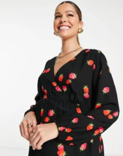 Nobody's Child Maternity Long Sleeve Tiered Tea Dress In Black Strawberry Print -RIVER ISLAND || PULL & BEAR || ONLY Sales Store 202264407 3
