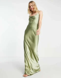 Pretty Lavish Bridesmaid Keisha Cowl Neck Satin Maxi Dress In Soft Olive -RIVER ISLAND || PULL & BEAR || ONLY Sales Store 202280015 1 olivegreen
