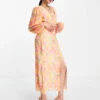 Pretty Lavish Balloon Sleeve Midaxi Dress In Pink And Orange Abstract Floral