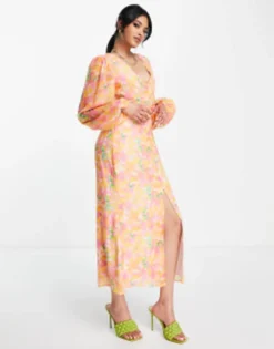 Pretty Lavish Balloon Sleeve Midaxi Dress In Pink And Orange Abstract Floral