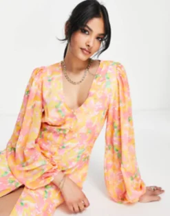Pretty Lavish Balloon Sleeve Midaxi Dress In Pink And Orange Abstract Floral -RIVER ISLAND || PULL & BEAR || ONLY Sales Store 202299084 3