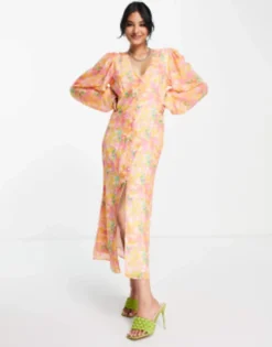 Pretty Lavish Balloon Sleeve Midaxi Dress In Pink And Orange Abstract Floral -RIVER ISLAND || PULL & BEAR || ONLY Sales Store 202299084 4
