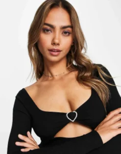 Miss Selfridge Rib Knit Sweetheart Neck Diamonte Buckle Mini Dress In Black -RIVER ISLAND || PULL & BEAR || ONLY Sales Store 202302532 3