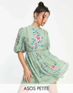 ASOS DESIGN Petite High Neck Dobby Embroidered Mini Dress With Lace Trims In Sage Green