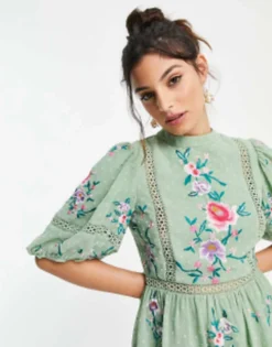 ASOS DESIGN Petite High Neck Dobby Embroidered Mini Dress With Lace Trims In Sage Green -RIVER ISLAND || PULL & BEAR || ONLY Sales Store 202305936 3