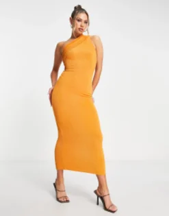 Naked Wardrobe One Shoulder Asymmetric Maxi Dress In Orange