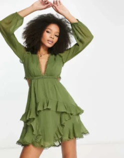 ASOS DESIGN Long Sleeve Mini Dress In Patchwork Floral Print With Circle Trims -RIVER ISLAND || PULL & BEAR || ONLY Sales Store 202349977 1 khaki