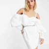 Lashes Of London Cold Shoulder Volume Sleeve Embellished Cut Out Mini Dress In White