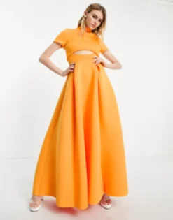 ASOS DESIGN Short Sleeve Open Back Prom Maxi Dress In Orange