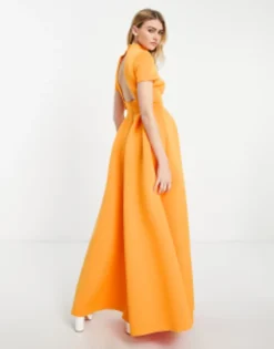ASOS DESIGN Short Sleeve Open Back Prom Maxi Dress In Orange -RIVER ISLAND || PULL & BEAR || ONLY Sales Store 202386278 3