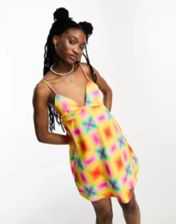 COLLUSION Mini Printed Satin Summer Slip Dress In Multi