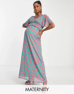 Twisted Wunder Maternity Maxi Dress In Bright Floral With Frill Detail