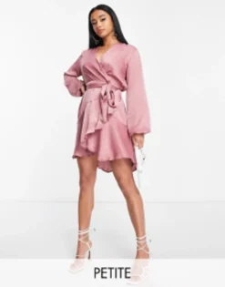 First Distraction The Label Petite Satin Mini Wrap Dress In Dusky Pink