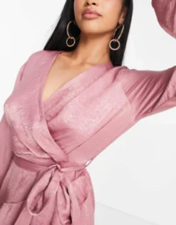 First Distraction The Label Petite Satin Mini Wrap Dress In Dusky Pink -RIVER ISLAND || PULL & BEAR || ONLY Sales Store 202474989 3