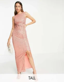 Jaded Rose Tall Twist Front Maxi Dress In Bronze Sequin