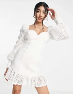 ASOS DESIGN Lace Sleeve Bust Cup Mini Dress With Pep Hem In Ivory