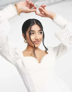 ASOS DESIGN Lace Sleeve Bust Cup Mini Dress With Pep Hem In Ivory -RIVER ISLAND || PULL & BEAR || ONLY Sales Store 202509499 4