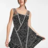 ASOS DESIGN Beaded Mini Dress With Layered Skirt And Linear Embellishment Detail In Black