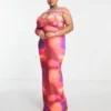Simmi Plus One Asymmetric Sleeve Maxi Dress In Pink Abstract Print