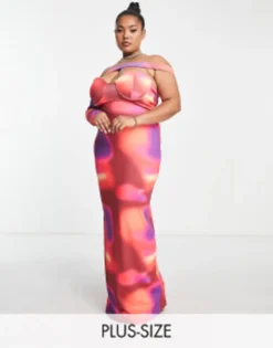 Simmi Plus One Asymmetric Sleeve Maxi Dress In Pink Abstract Print