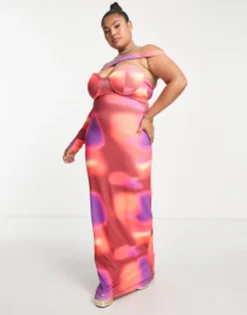 Simmi Plus One Asymmetric Sleeve Maxi Dress In Pink Abstract Print -RIVER ISLAND || PULL & BEAR || ONLY Sales Store 202521323 3