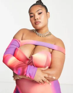 Simmi Plus One Asymmetric Sleeve Maxi Dress In Pink Abstract Print -RIVER ISLAND || PULL & BEAR || ONLY Sales Store 202521323 4