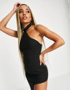 Simmi One Shoulder Halterneck High Thigh Split Midi Dress In Black -RIVER ISLAND || PULL & BEAR || ONLY Sales Store 202521342 4