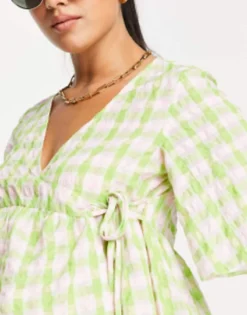 ASOS Maternity ASOS DESIGN Maternity Wrap Smock Mini Dress In Pink And Green Check -RIVER ISLAND || PULL & BEAR || ONLY Sales Store 202557197 3