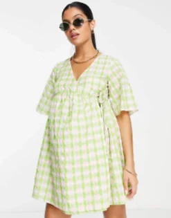 ASOS Maternity ASOS DESIGN Maternity Wrap Smock Mini Dress In Pink And Green Check -RIVER ISLAND || PULL & BEAR || ONLY Sales Store 202557197 4
