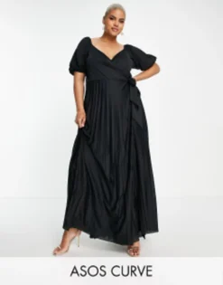 ASOS DESIGN Curve Puff Sleeve Gathered Front Maxi Dress In Black - BLACK