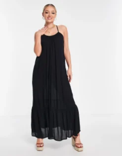 ASOS DESIGN Drop Hem Crinkle Beach Maxi Dress In Black