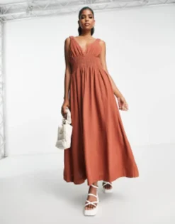 Abercrombie & Fitch Asymmetrical Scrunchie Strap Maxi Dress In Brown