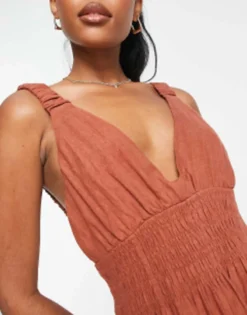 Abercrombie & Fitch Asymmetrical Scrunchie Strap Maxi Dress In Brown -RIVER ISLAND || PULL & BEAR || ONLY Sales Store 202698916 3