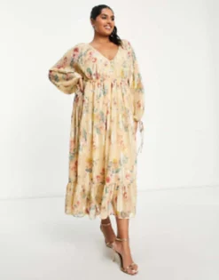 ASOS DESIGN Curve Button Detail Smock Maxi Dress In Printed Floral Metallic Jacquard -RIVER ISLAND || PULL & BEAR || ONLY Sales Store 202716033 4