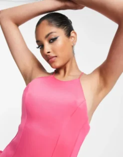 ASOS DESIGN High Neck Seamed Low Back Pephem Mini Dress In Hot Pink -RIVER ISLAND || PULL & BEAR || ONLY Sales Store 202733550 3