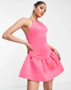 ASOS DESIGN High Neck Seamed Low Back Pephem Mini Dress In Hot Pink -RIVER ISLAND || PULL & BEAR || ONLY Sales Store 202733550 4