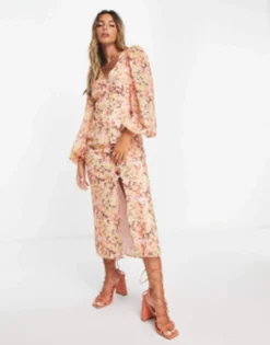 Pretty Lavish Balloon Sleeve Midaxi Dress In Abstract Floral