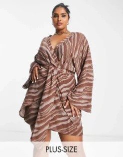 Pretty Lavish Curve Knot Front Satin Mini Dress In Brown Stripe