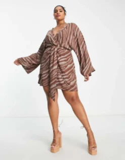 Pretty Lavish Curve Knot Front Satin Mini Dress In Brown Stripe -RIVER ISLAND || PULL & BEAR || ONLY Sales Store 202750576 3