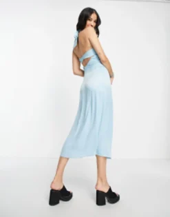 Bershka Halterneck Occasion Midi Dress In Satin Blue -RIVER ISLAND || PULL & BEAR || ONLY Sales Store 202781452 4