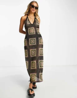 ASOS DESIGN Halter Maxi Dress In Black Crochet With Square Print