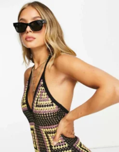 ASOS DESIGN Halter Maxi Dress In Black Crochet With Square Print -RIVER ISLAND || PULL & BEAR || ONLY Sales Store 202792577 3