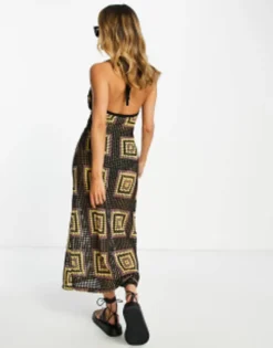ASOS DESIGN Halter Maxi Dress In Black Crochet With Square Print -RIVER ISLAND || PULL & BEAR || ONLY Sales Store 202792577 4