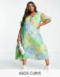 ASOS DESIGN Curve 70's Trapeze Floral Print Maxi Dress In Green